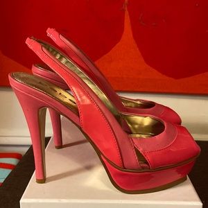 BEBE pink platforms open toe sling back